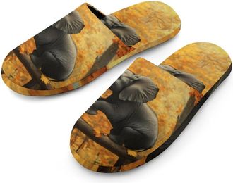 Generic Playing Elephant Autumn Flannel Mens Slip-on Slippers Winter Warm House Shoes with Rubber Sole for Home Hotel