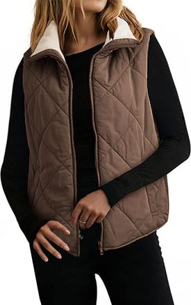 Generic Womens Fleece Lined Padded Gilets - Winter Puffer Coats, Sherpa Lapel Quilted Vest, Sleeveless Zipper Waistcoats, Bodywarmer, Pockets, Outwear Lightwe