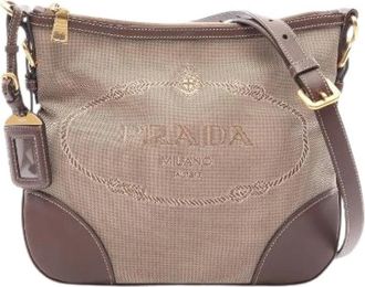 Prada Pre-owned Logo Jacquard Canvas Leather Shoulder Bag - Dames - Vintage Schoudertas - Beige - ONE Size - Leer - Vintage