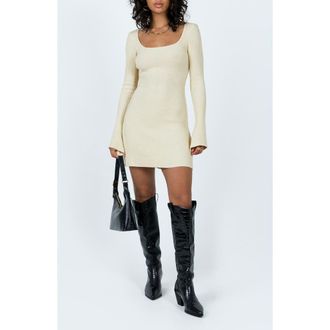 Princess Polly Brownhall Long Sleeve Rib Minidress in Beige at Nordstrom, Size 10