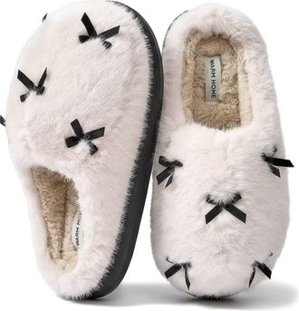 Generic Womens Fuzzy Bow Slippers, Non-Slip Slip-On Winter House Shoes, Cozy Plush Faux Fur Lined Memory Foam Indoor Outdoor Fluffy Scuff Slippers,White,3.5 U