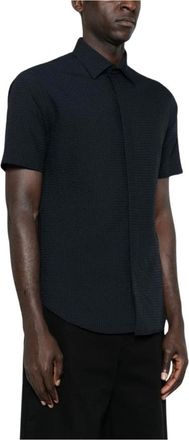 Emporio Armani Short Sleeve Shirts, male, Blue, Size: 2XL Icon Short-Sleeved Technical Seersucker Shirt