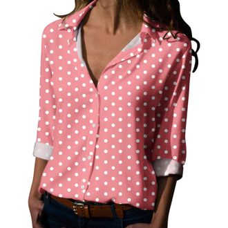 Generic Women Polka Dot Shirts Long Sleeve Button Down Tops Summer Blouse Ladies Print Loose Fit T-Shirt Going Out Top Work Casual Tunic Pink