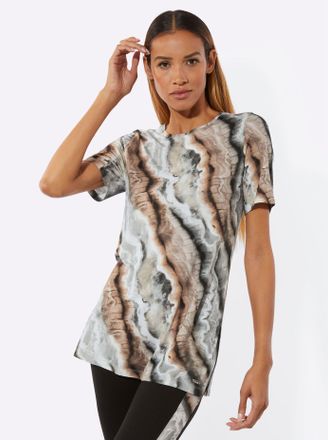 Feel Good Rundhalsshirt FEEL GOOD Longshirt, Damen, Gr. 36/38, schwarz, camel, bedruckt, 95% Viskose, 5% Elasthan, bedruckt, gemustert, mehrfarbig, Shirts Rundh