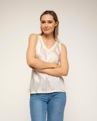 Tantra T-shirt met korte mouwen, V-hals, zijde aan de voorkant en tricot aan de achterkant