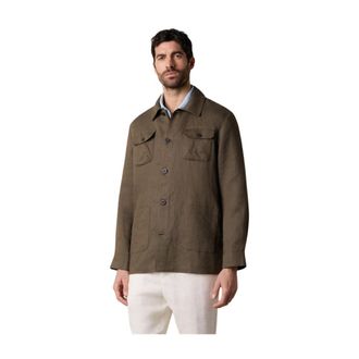 Brooks Brothers Linnen Utility Overshirt - Heren - Zomerjassen - Bruin - L - Linnen - Jassen