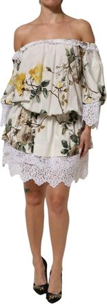 Dolce & Gabbana White Floral Lace Off Shoulder Mini Womens Dress