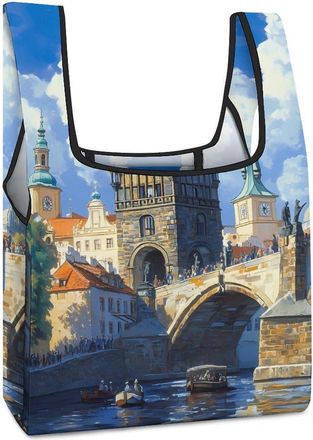 Generic Charles Bridge in Prague Czechrepublic Shopping Bag Reusable Grocery Tote Bag Foldable Handbag for Travel Picnic