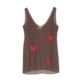 MC2 Saint Barth Sleeveless Tops, female, Brown, Size: M Raya Georgette Beads Sea Elements 18