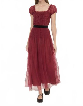Moon River Tulle Dress With Velvet Belt In Crimson