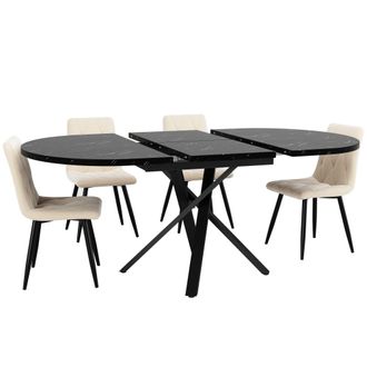 Urban Meuble Conjunto de mesa redonda extensible con 4 sillas de terciopelo beige