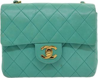 Chanel Vintage Square Classic Single Flap Bag Quilted Lambskin Blue Leather Bag (Pre-Owned)