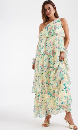 Vero Moda Felicia - Vestito lungo monospalla a balze giallo con stampa a fiori e decorazione floreale