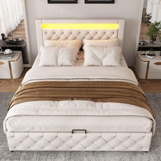 C&A 150x200cm Upholstered Bed with Slatted Frame,Storage Space,and Color-Changing LED Lighting,White PU