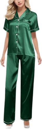 Generic Womens Cotton Modal Long-Sleeve Shirt and Full-Length Bottom Pyjama Set Green