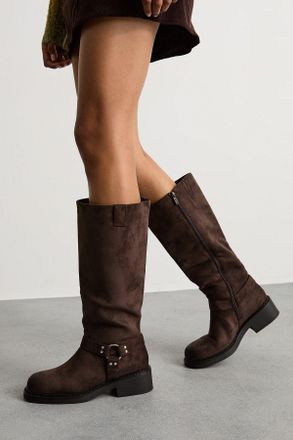 Faith Womens : Bia Faux Suede Knee High Biker Boots - Chocolate - Size UK 4