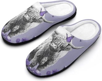 Generic Highland Cow Flowers Mens Slippers Comfortable And Non-slip Cotton Slipper Shoe for House