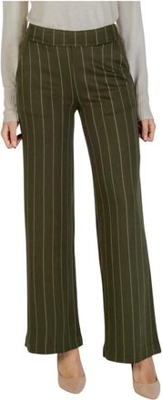 Ichi Gestreept Broek met Zakken aan de Voorkant en Ritssluiting - Dames - Wijde Broeken - Groen - L - Polyester - Broeken