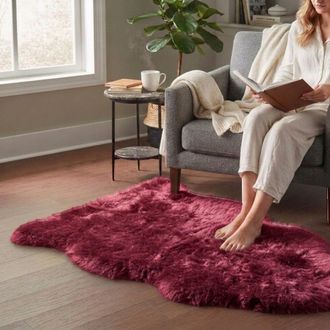 Infinity Leather Genuine Red Rose Sheepskin Natural Silky Soft Fluffy Real Wool Rug