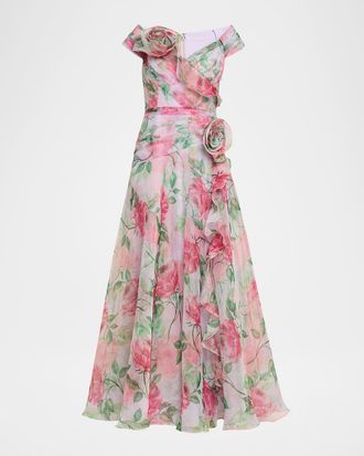 Teri Jon Pleated Off-Shoulder Floral-Print Organza Gown