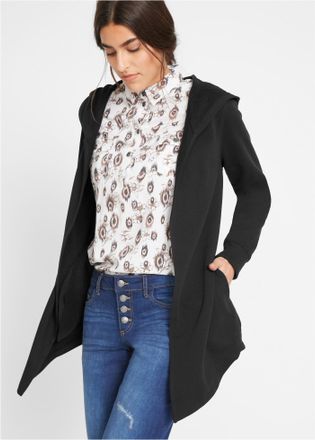 Bonprix Sweatjacke BONPRIX, Damen, Gr. 40/42 (M), schwarz, Web, Obermaterial: 60% Baumwolle, 40% Polyester, unifarben, schmal ca. Mitte Oberschenkel, Rundhals