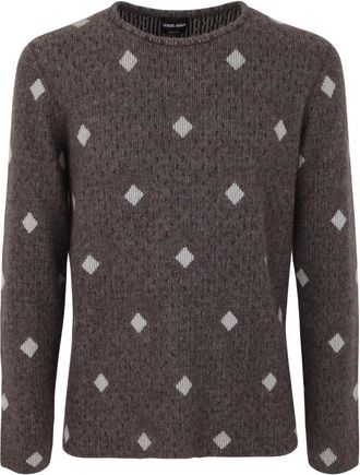 Giorgio Armani Trui met ruitpatroon en ronde hals - Heren - Ronde hals truien - Grijs - XL - Kasjmier - Truien & Vesten