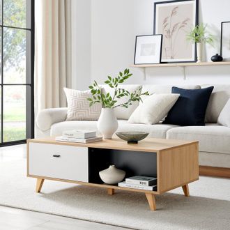 Furniturebox Bisset Off-White & Wood Effect Storage Coffee Table