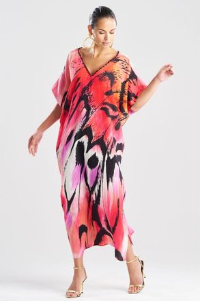 Natori Butterfly Linen Blend Caftan w/ Beading in Red at Nordstrom, Size Small