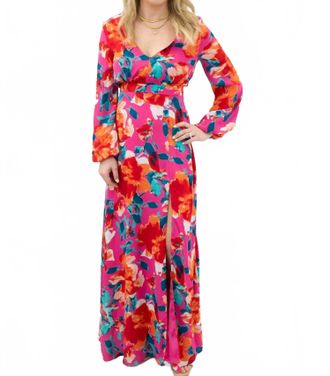 Ark & Co. Floral V-Neck Maxi Long Sleeve Dress In Hot Pink