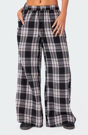 Edikted Lounge Around Plaid Wide Leg Pants in Black-And-White at Nordstrom, Size X-Small