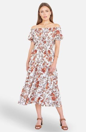 Yumi Floral Ruched Waist Midi Dress in Orange at Nordstrom, Size 12