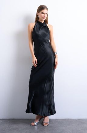 Topshop Cowl Halter Neck Open Back Maxi Dress in Black at Nordstrom, Size 10 Us