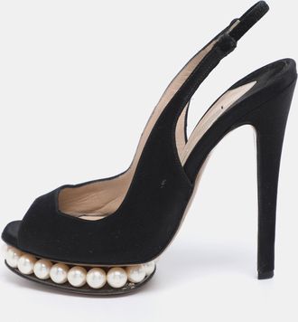Nicholas Kirkwood Black Satin Pearl Embellished Platform Slingback Pumps