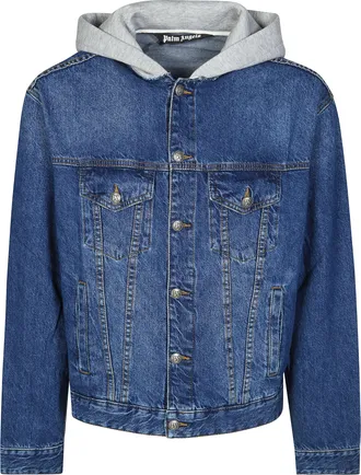 Palm Angels Blue Curved Logo Hooded Denim Jacket