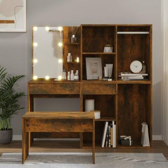 vidaXL Juego De Tocador Con Led Madera Contrachapada Roble Ahumado Vidaxl