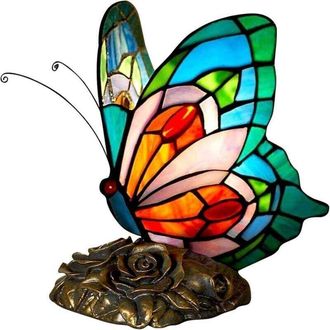 Elle L&aacute;mpara De Mesilla Tiffany Vintage Con Mariposa - Vidrieras - 15 Cm X 12 Cm X 22 Cm - Luz Led Incluida - Para Dormitorio Y Sala De Estar