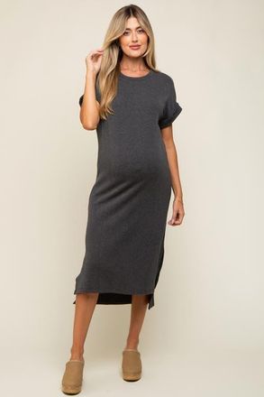 Pinkblush Ribbed Short Sleeve Midi Dress in Charcoal Grey at Nordstrom, Size Small