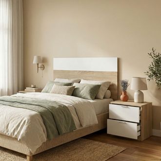 Dmora Mesilla De Noche Honolulu, Mesita De Noche De Dos Cajones Con Cabecero Para Cama Individual De 90, Cm 150x50x38, Cm 50x38h75, Roble Y Blanco, Con Emba