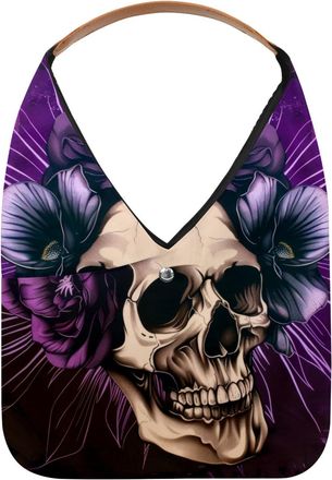 Generic Purple Skull Flower Print Reusable Lightweight Grocery Bags - Foldable Into Compact Pouch, Washable & Sturdy, Multipurpose for Shopping and Travel