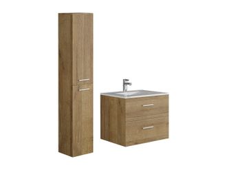 Vente-Unique Mueble de baño flotante con lavabo y columna de almacenamiento - Color natural claro - 60 cm - KAYLA