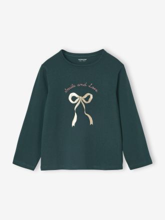 Vertbaudet M&auml;dchen Shirt mit Metallic-Print und Recycling-Baumwolle tannengr&uuml;n