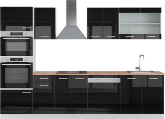 Vicco Mueble De Cocina R-line, Negro Brillo/blanco, 300 Cm Con Armario Alto, Et Roble