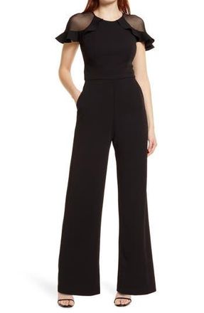 Eliza J Illusion Ruffle Shoulder Jumpsuit in Black at Nordstrom Rack, Size 6