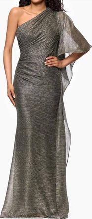 Betsey Johnson Metallic Knit One Shoulder Draped Cape Floor Length Dress In Gold/silver/black