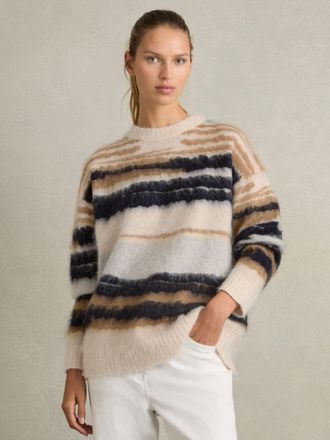 Reiss Emily Cream & camel Striped Crew-neck Jumper With Mohair, M, Navy & camel