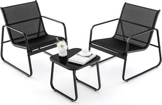 Costway Conjunto Mesa Y Sillas Jardin 3 Piezas, Conjunto Jardin Exterior Mesa Y Sillas, Tela Transpirable Y Encimera De Vidrio Templado,terraza Balc&oacute;n (negro)