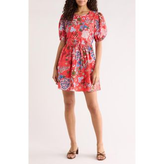 Sugarlips Oreanna Floral Alba Drawstring Waist Cotton Minidress in Coral-Blue at Nordstrom, Size X-Small