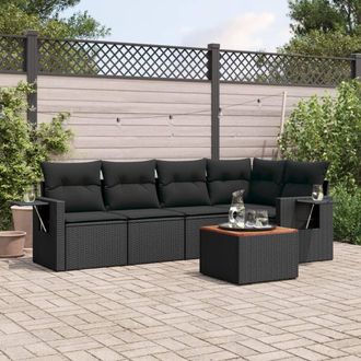 vidaXL Vidaxl - Set De Sof&aacute;s De Jard&iacute;n 6 Piezas Y Cojines Rat&aacute;n Sint&eacute;tico Negro