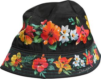 Dolce & Gabbana Men Black Floral Print Nylon Fisherman Cap Mens Hat