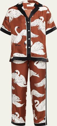 Olivia Von Halle Tilda Ines Swan-Print Silk Twill Pajama Set